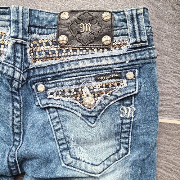 Miss Me Signature Rise Boot Cut Sequin & Embroidered Pockets Blue Denim Jeans 28 - Picture 9 of 16